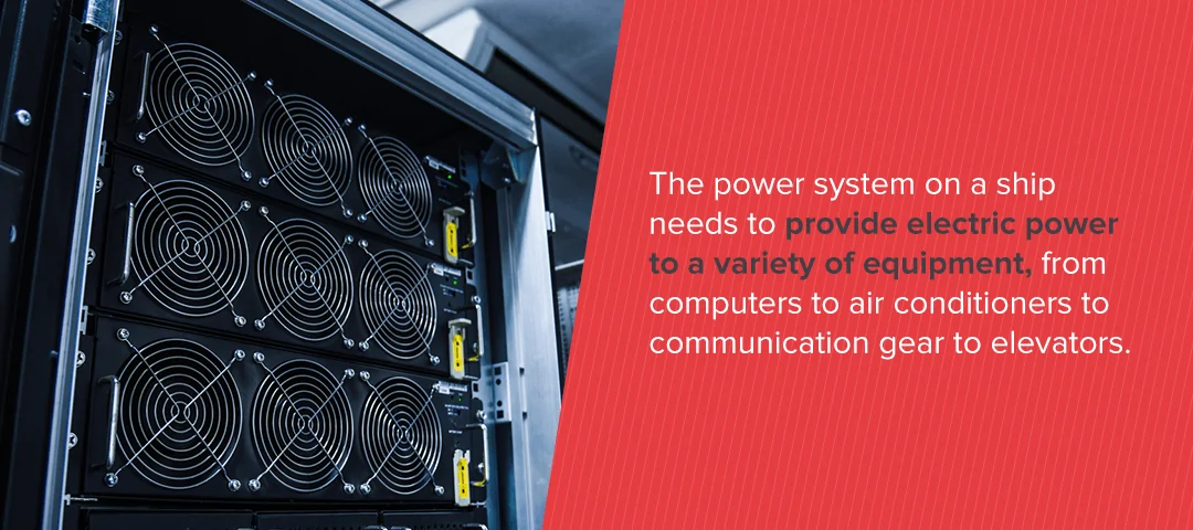 The power system on a ship needs to provide electric power to a variety of equipment, from computers to air conditioners to communication gear to elevators. 