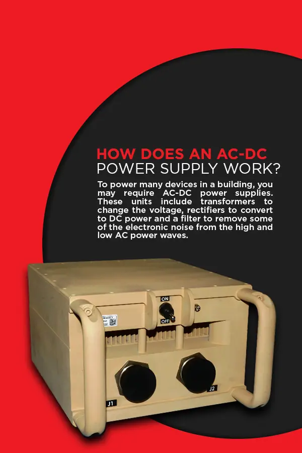 How Does an AC-DC Power Supply Work? To power many devices in a building, you may require AC-DC power supplies. These units include transformers to change the voltage, rectifiers to convert to DC power, and a filter to remove some of the electronic noise from the high and low AC power waves.